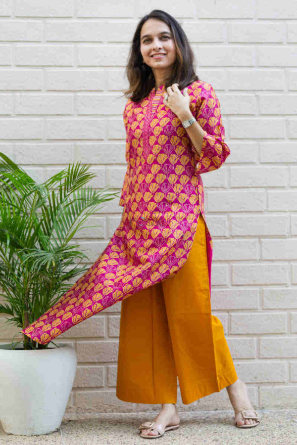 Image for Kessa Wsr167 Titli Magenta And Yellow Chanderi Kurta With Sequin Highlights 1 Right
