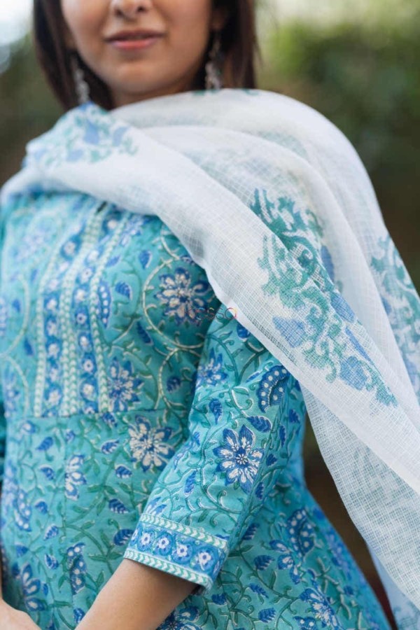Image for Kessa Wsr168 Akaashi Powder Blue Cotton Kurta With Kota Doriya Dupatta Sleeves