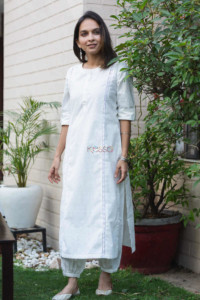 Image for Kessa Avdaf18 Sangmarmar Crochet Lace And Khadi Print Cotton Kurta 1 Front 1