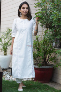 Image for Kessa Avdaf18 Sangmarmar Crochet Lace And Khadi Print Cotton Kurta 1 Look