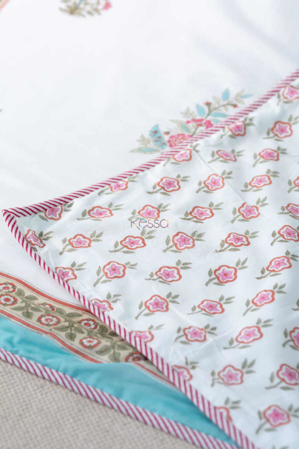 Image for Kessa Kad54 Persian Pink Flower Print Double Bed Dohar Closeup