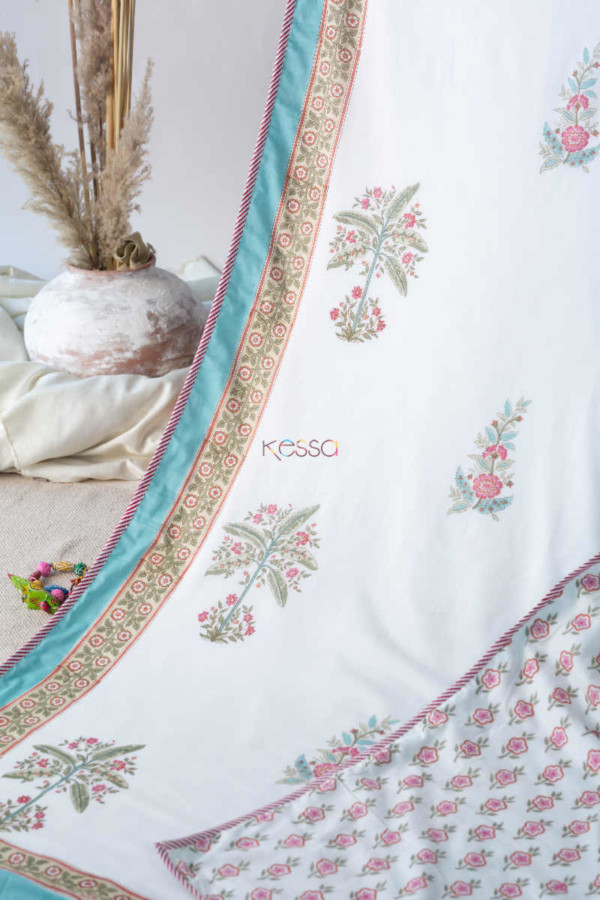 Image for Kessa Kad54 Persian Pink Flower Print Double Bed Dohar Front