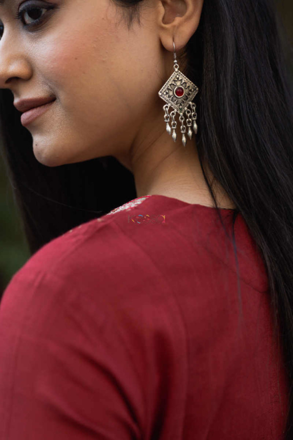 Image for Kessa Wsr178 Surkh Slub Cotton Kurta With Block Printed Chanderi Dupatta Earring