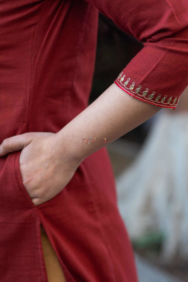 Image for Kessa Wsr178 Surkh Slub Cotton Kurta With Block Printed Chanderi Dupatta Pocket