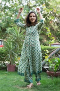 Image for Kessa Wsr Faded Jade Green Block Print Kurta Pant Set Front
