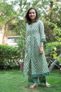 Image for Kessa Wsr Faded Jade Green Block Print Kurta Pant Set Look