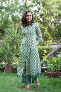 Image for Kessa Wsr Faded Jade Green Block Print Kurta Pant Set Look
