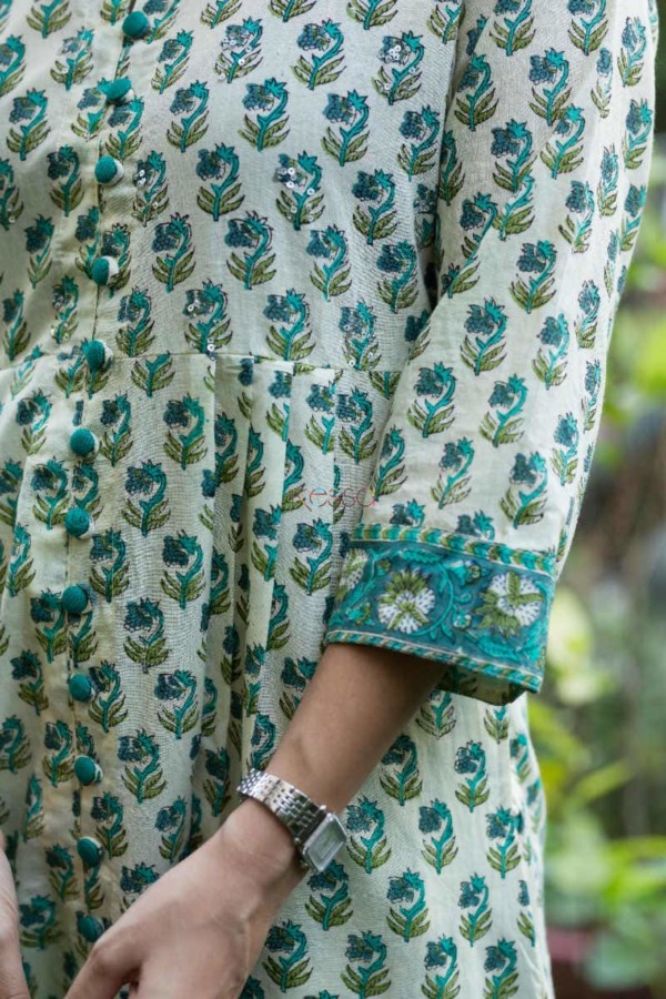 Image for Kessa Wsr Faded Jade Green Block Print Kurta Pant Set Sleeves
