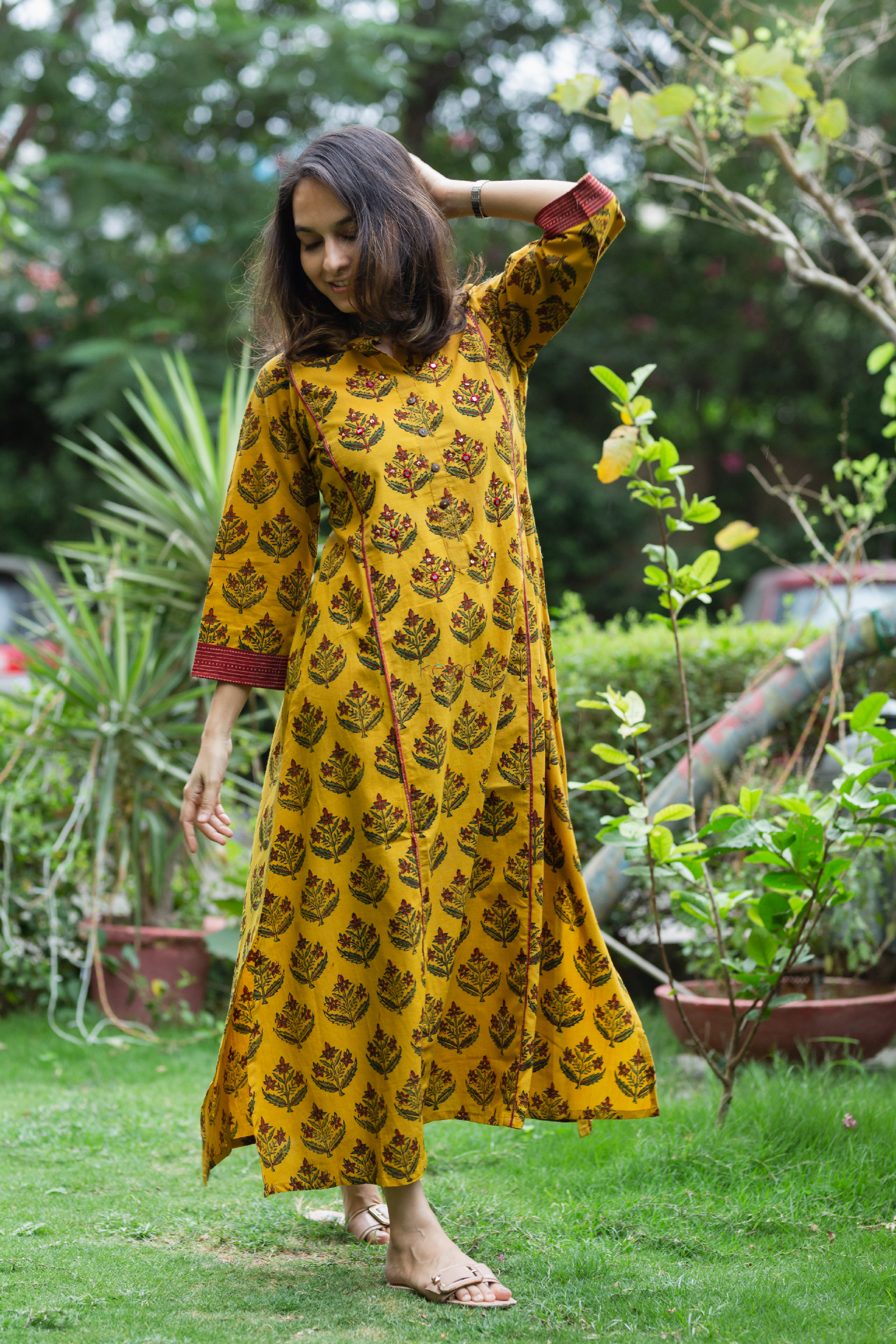 3 Piece Ajrak Print Frock with Mirror Details – Ruby Designs