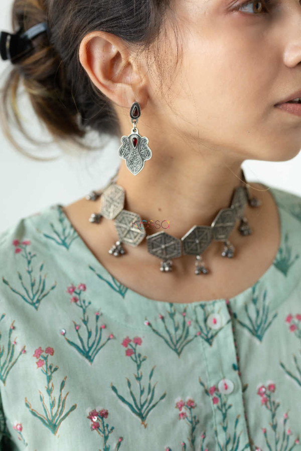 Image for Kessa Wsr185 Kusha Kurta With Hand Block Print And Sequin Work Necklace