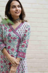 Image for Kessa Wsr203 Naazia Angrakha Kurta With Hand Block Print Necklace