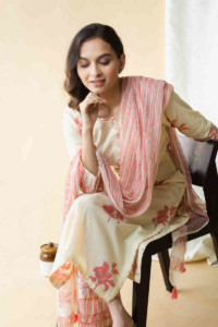 Image for Kessa Avdaf49 Ashmeera Kurta Pant And Dupatta Set With Hand Block Print Sitting 1