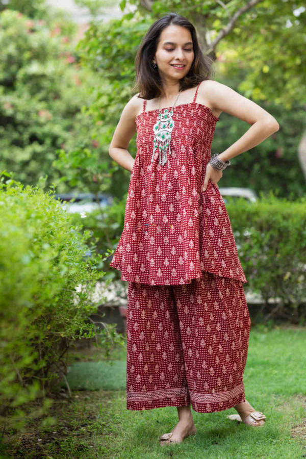 Image for Kessa Kcb14 Tabeer Top And Palazzo Set With Hand Block Print Look