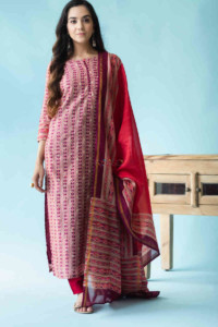 Image for Kessa Ws705 Hafiza Chanderi Kurta Dupatta Set With Bead Embellishment Front 1