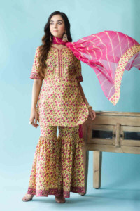 Image for Kessa Wsr214 Jashnjeet Kurta Sharara Set With Hand Block Print Look 1