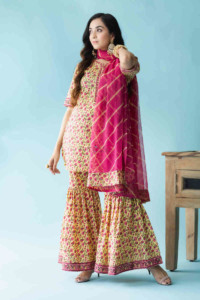 Image for Kessa Wsr214 Jashnjeet Kurta Sharara Set With Hand Block Print Look