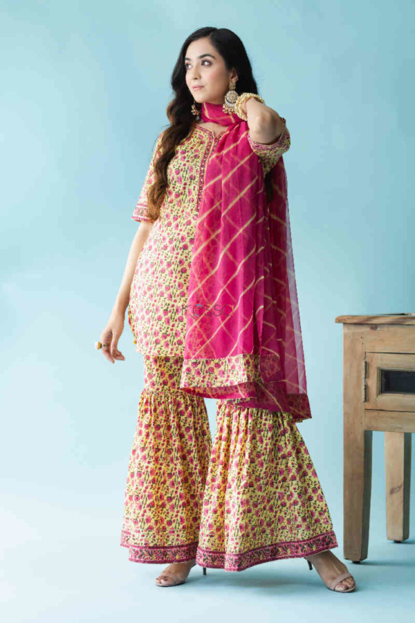 Image for Kessa Wsr214 Jashnjeet Kurta Sharara Set With Hand Block Print Look