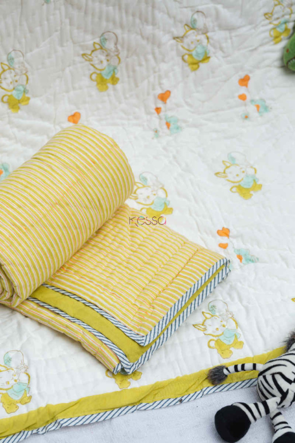 Image for Kessa Kaq159 Ronchi Yellow Baby Quilt With Hand Block Print Closeup