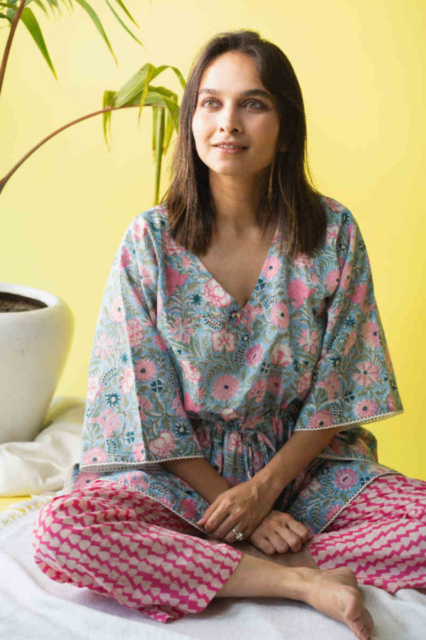 Image for Kessa Wsr218 Arbish Kaftan Pant Set With Hand Block And Batik Prints Sitting
