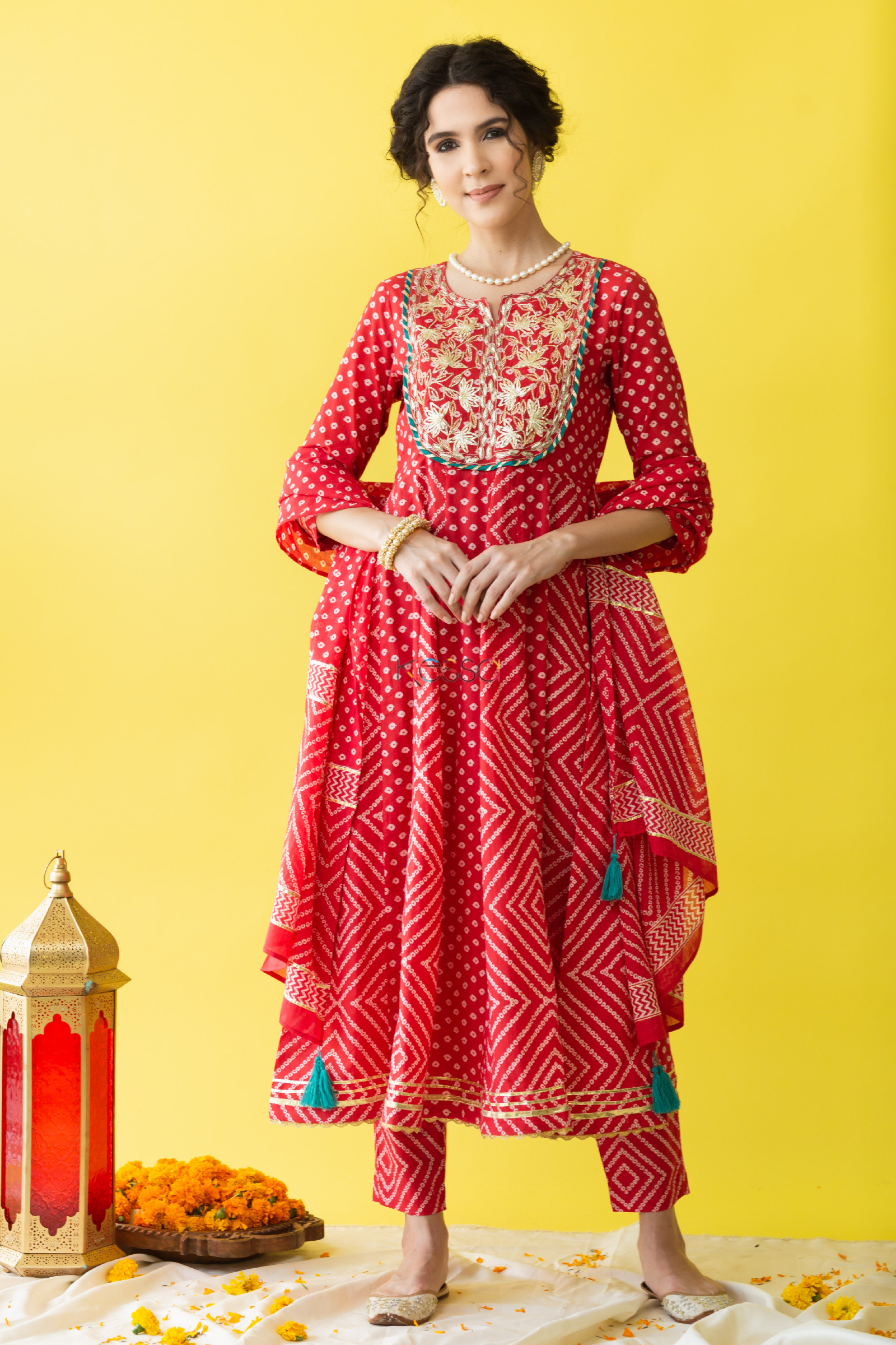 Cotton Red Bandhani Print Suit Set with Dupatta | Printed cotton dress,  Casual college outfits, Kurta patterns