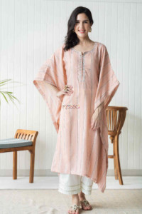 Image for Kessa Ws736 Maliha Pink Cotton Kaftan With Mirror Work Featured