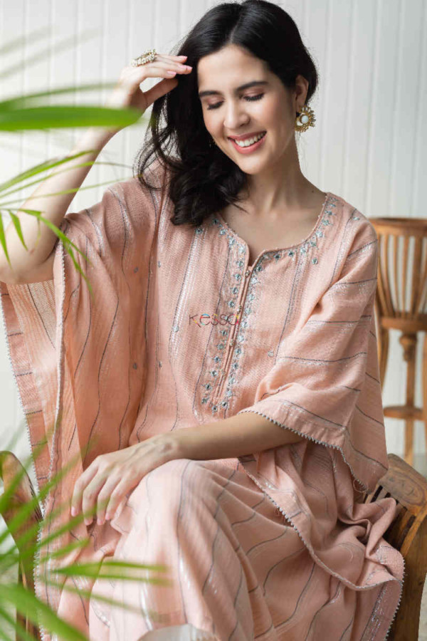 Image for Kessa Ws736 Maliha Pink Cotton Kaftan With Mirror Work Sitting