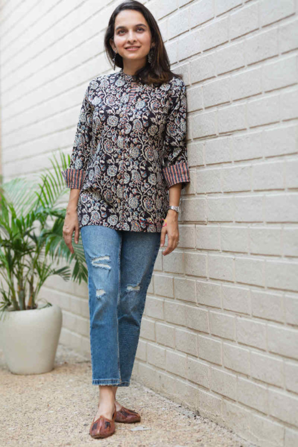 Image for Kessa Ws737 Elegant Shirt Style Cotton Block Printed Kurti Look