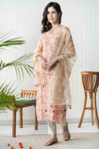 Image for Kessa Ws741 Vintage Peach Chanderi Kurta Pant Set With Tissue Dupatta Featured