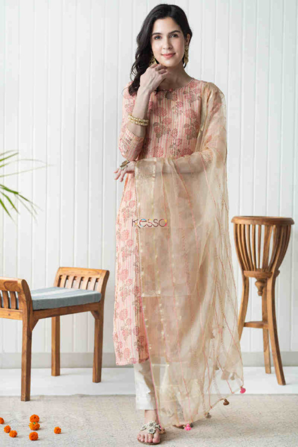 Image for Kessa Ws741 Vintage Peach Chanderi Kurta Pant Set With Tissue Dupatta Front 1