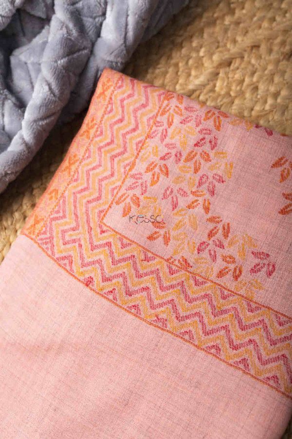 Image for Kessa Kusl26 Maple Leaves Jammawar Work Pink Woolen Shawl Closeup