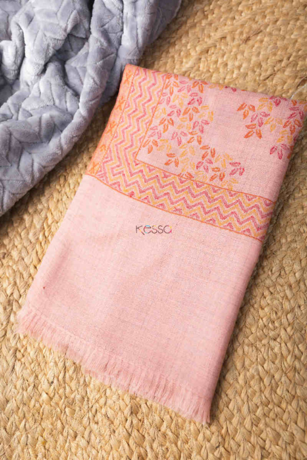 Image for Kessa Kusl26 Maple Leaves Jammawar Work Pink Woolen Shawl Featured