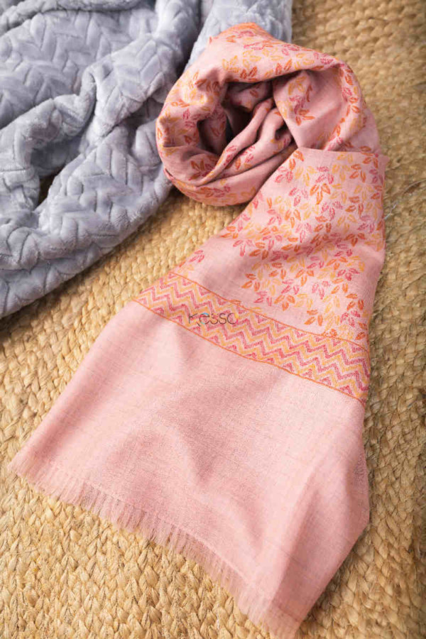 Image for Kessa Kusl26 Maple Leaves Jammawar Work Pink Woolen Shawl Look