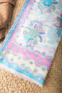 Image for Kessa Kusl31 Pink And White Jammwar Work Woolen Shawl Closeup