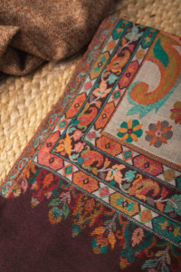 Image for Kessa Kusl35 Jammawar Work Brown Woolen Shawl Closeup