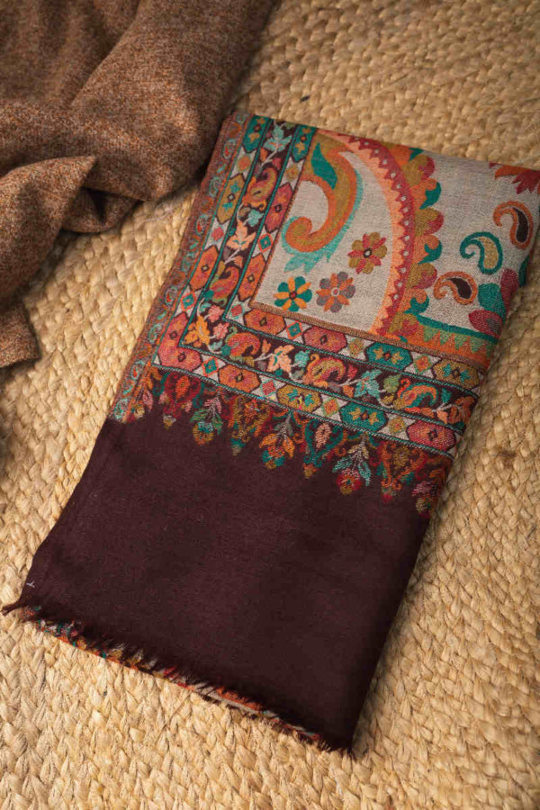 Image for Kessa Kusl35 Jammawar Work Brown Woolen Shawl Featured