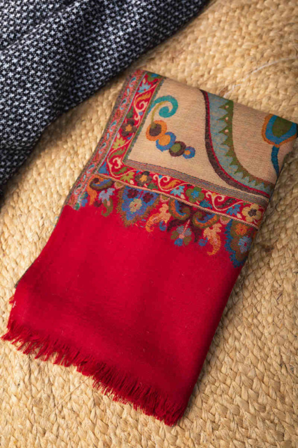 Image for Kessa Kusl39 Jammawar Work Red Woolen Shawl Featured