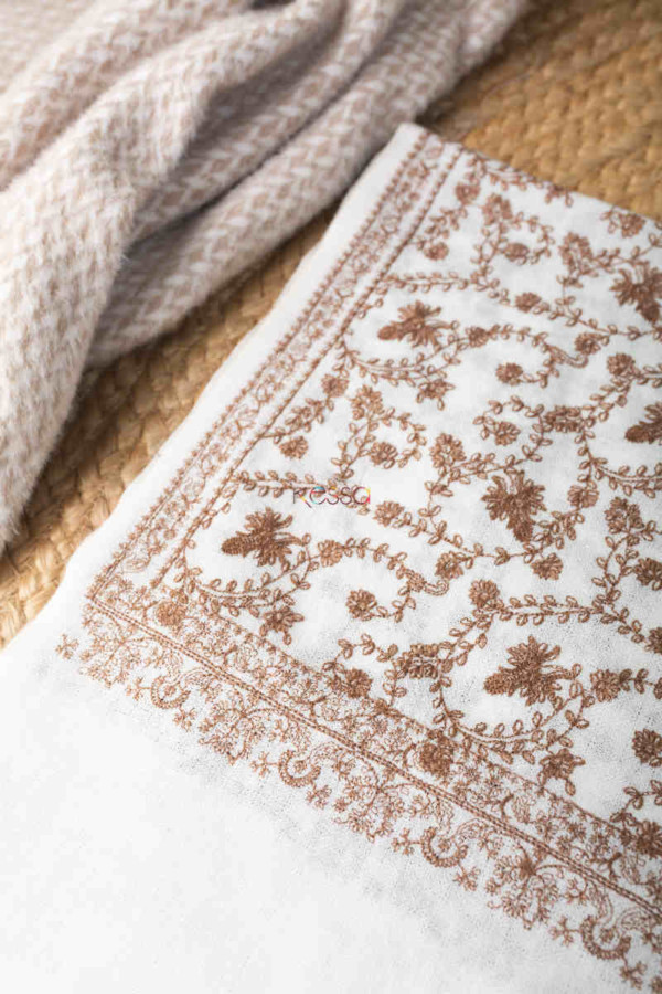 Image for Kessa Kusl49 White Color Embroidery Work Woolen Shawl Closeup