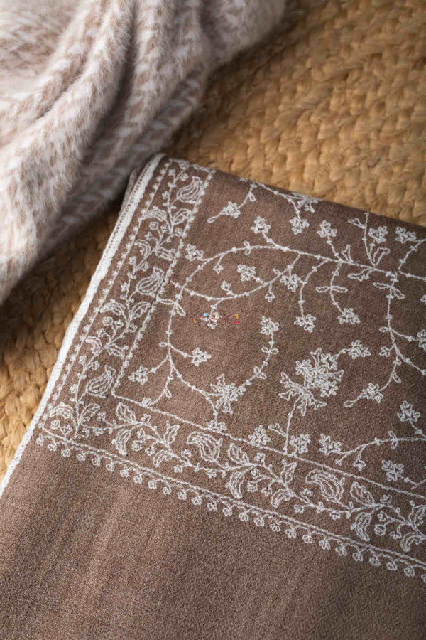 Image for Kessa Kusl50 Brown Color Embroidery Work Woolen Shawl Closeup