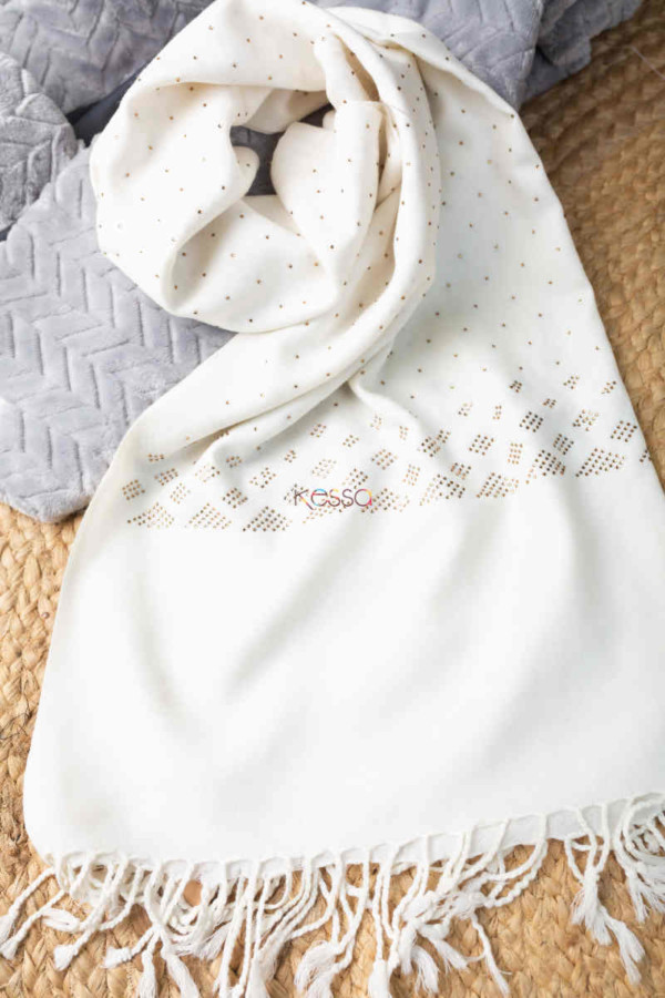 Image for Kessa Kusl63 Swarovski Work Dot Design White Woolen Shawl Look