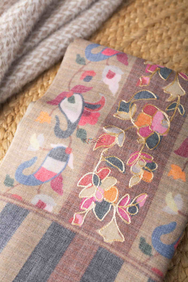 Image for Kessa Kusl66 Jammawar Work With Zari Embroidery Grey Pashmina Shawl Closeup