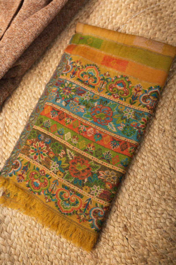 Image for Kessa Kusl68 Mustard Color Jammawar Work Woolen Shawl Featured