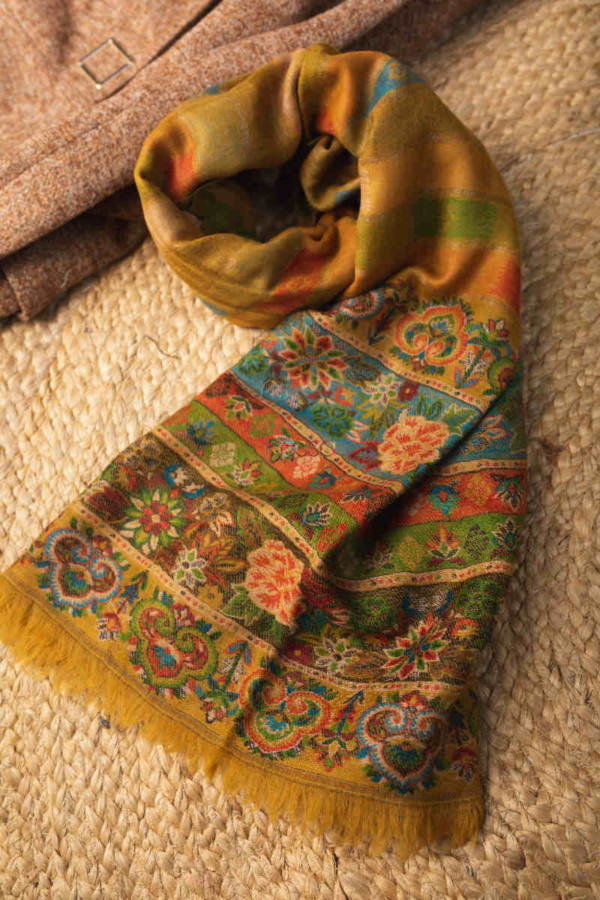 Image for Kessa Kusl68 Mustard Color Jammawar Work Woolen Shawl Look