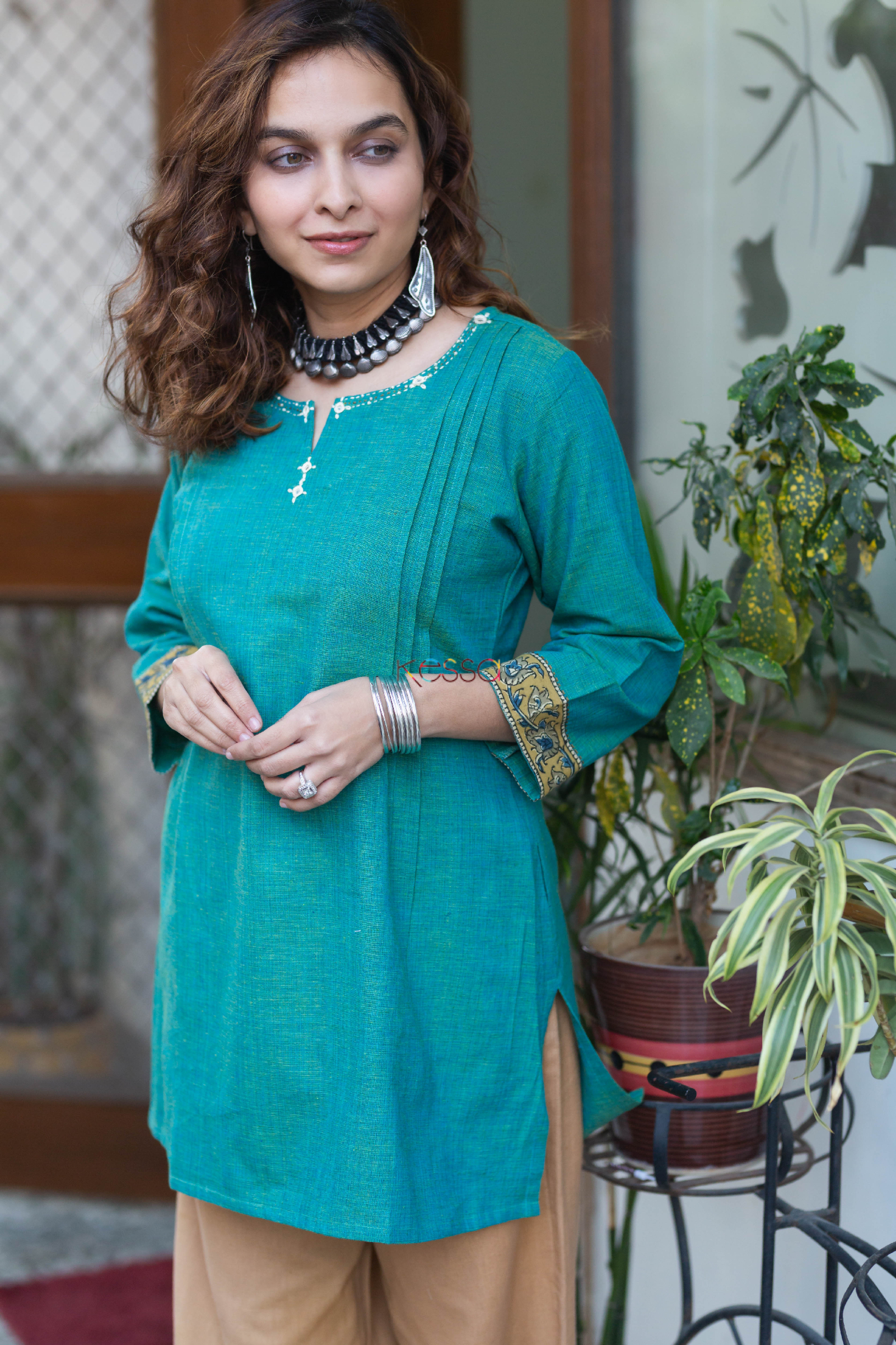 Georgette Straight Kurti with Embroidered in Teal blue,white - KTI1965
