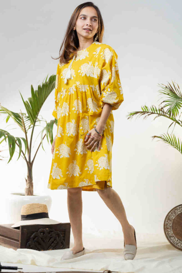 Buy Spectacular AVDAF122 Melia Yellow Floral Cotton Dress Online | Kessa