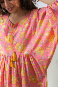 Image for Kessa Avdaf123 Katie Flowery Bright Pink Cotton Dress Closeup