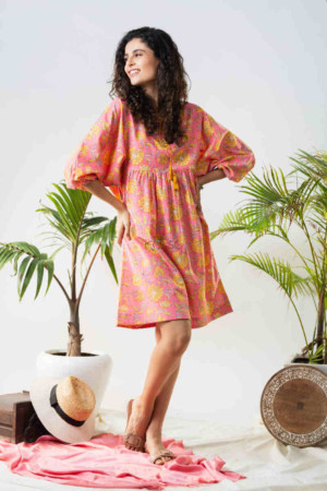 Image for Kessa Avdaf123 Katie Flowery Bright Pink Cotton Dress Featured