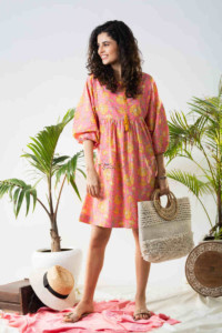 Image for Kessa Avdaf123 Katie Flowery Bright Pink Cotton Dress Look 1