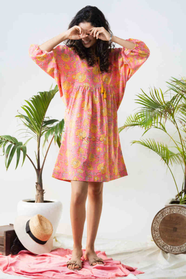 Image for Kessa Avdaf123 Katie Flowery Bright Pink Cotton Dress Look