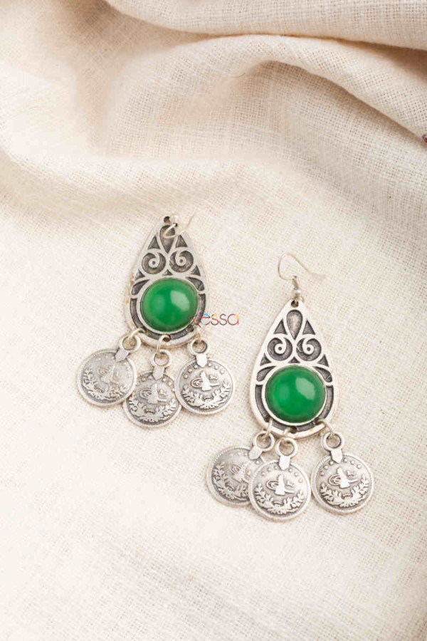 Image for Kessa Kpe175 Turkish Tribal Circular Coin Earrings Green