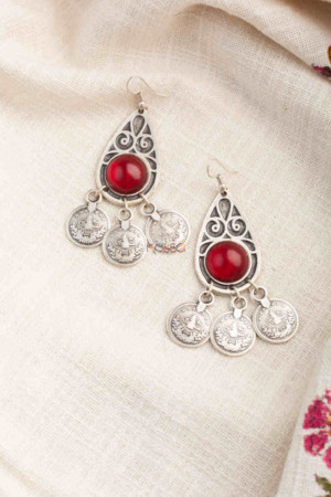 Image for Kessa Kpe175 Turkish Tribal Circular Coin Earrings Red